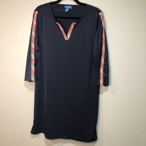 Caribbean Joe UPF Tunic V-neck Dress with Embroidered Stripe Trim, Cover Up